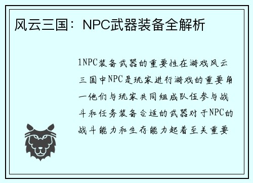 风云三国：NPC武器装备全解析
